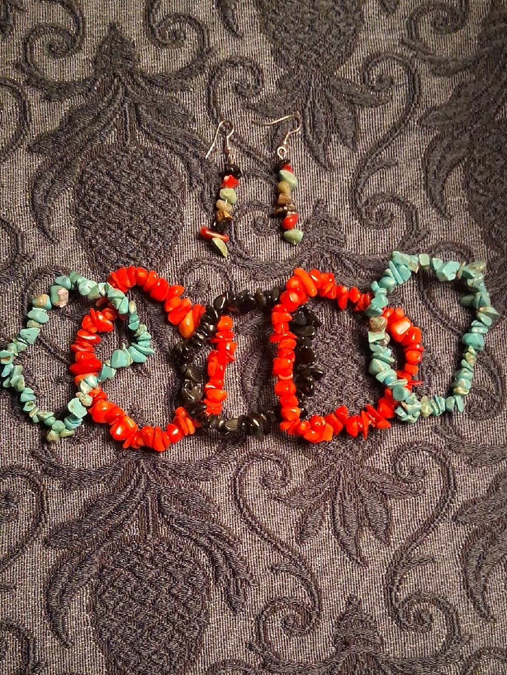 Handmade Turquoise, Red Coral & Black Chip Stretch Bracelets Set - Women Jewelry
